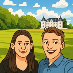 Colourful cartoon drawing of Prof Kathy Liddell and Dr John Liddicoat