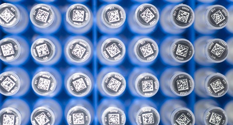 Test tubes labelled with 2-D barcodes at UK Biobank, Cheshire, a project which stores and protects a vast bank of medical data and material from volunteers.